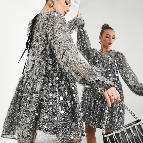 ASOS EDITION mini smock dress in embroidered sequin in black - Picture 2 of 6